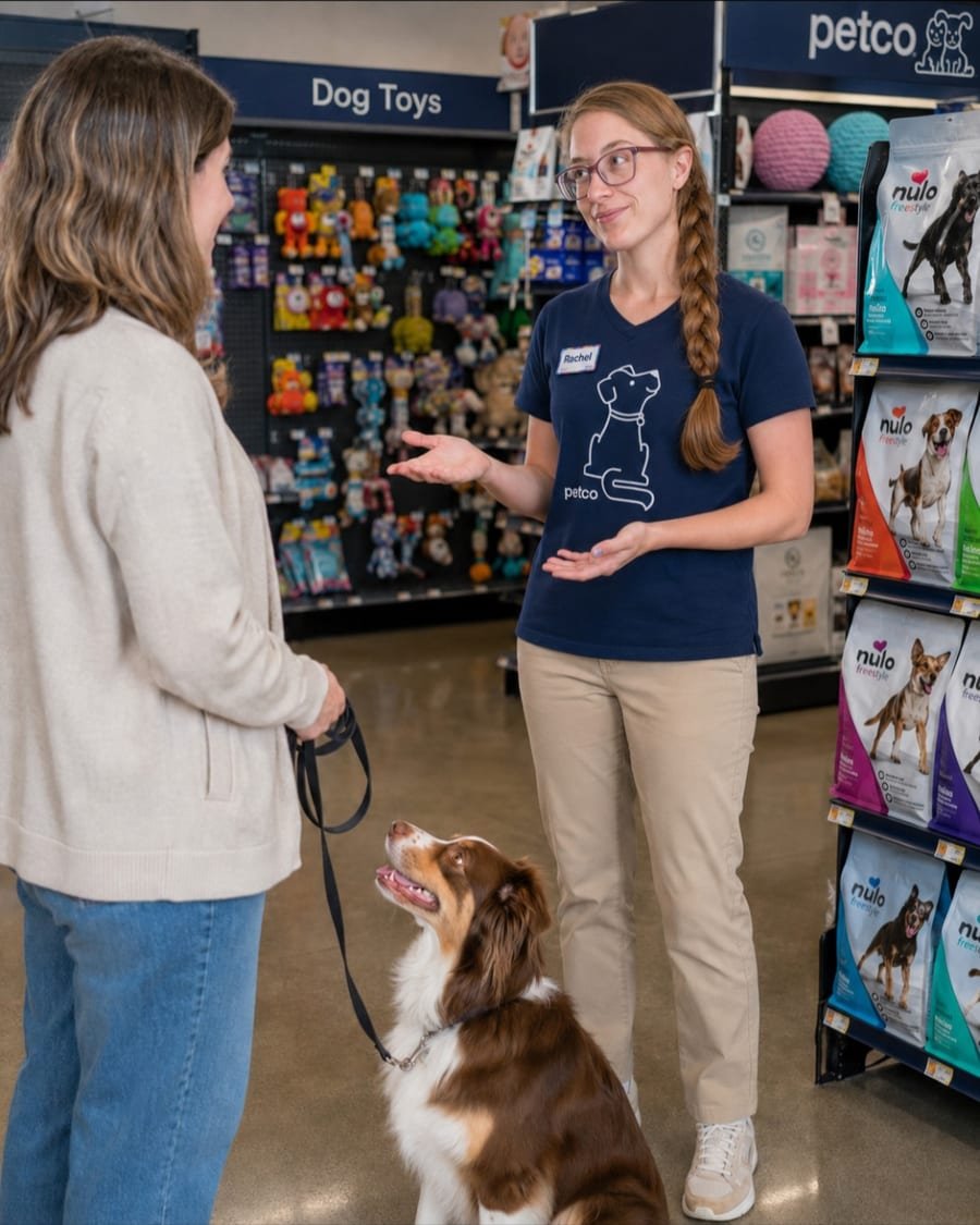 Illustration of Rachel talking with a customer and their dog on the floor at Petco